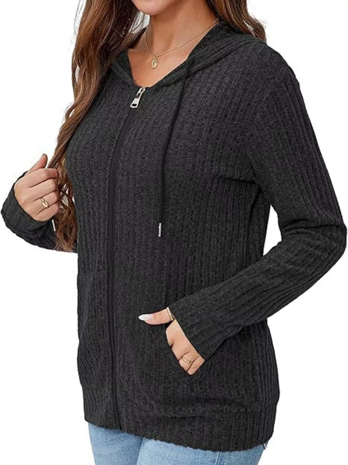 Ribbed Zip Up Hooded Outerwear - Lilixa.store