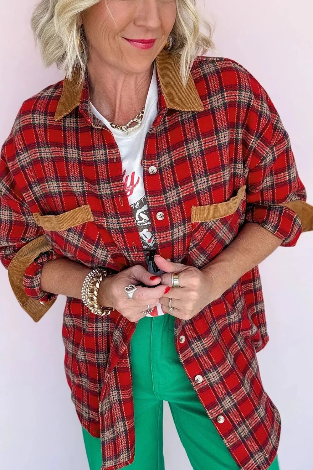 Plaid Corduroy Trim Dropped Shoulder Shacket - Lilixa.store