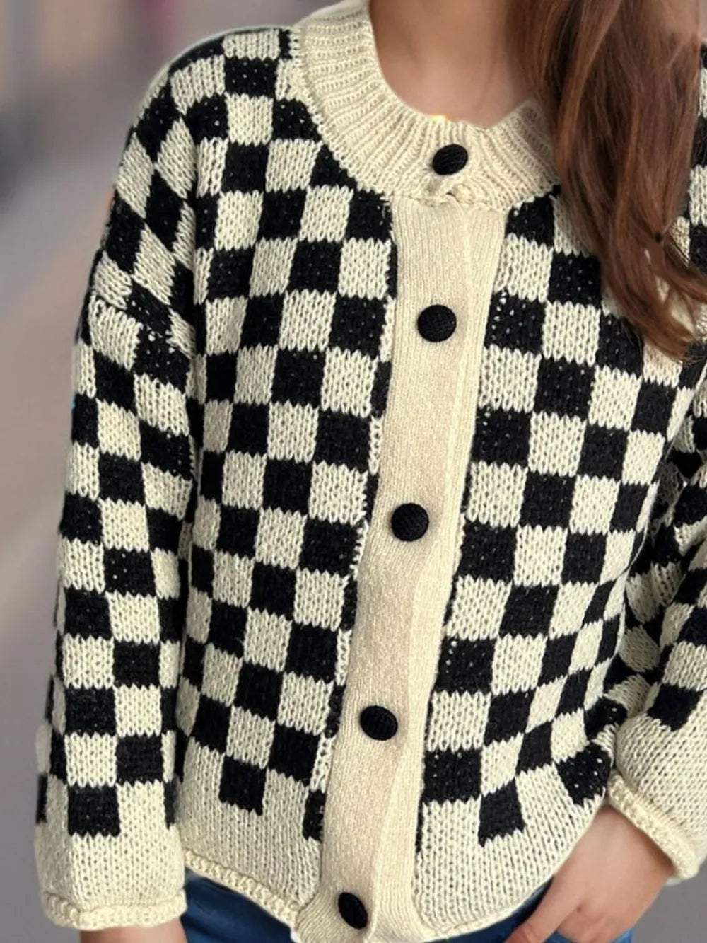 Checkered Button Up Round Neck Cardigan - Lilixa.store