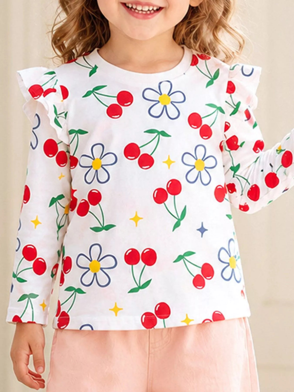 Children's Cherry & Flower Print Ruffled Long Sleeve T-Shirt - Lilixa.store