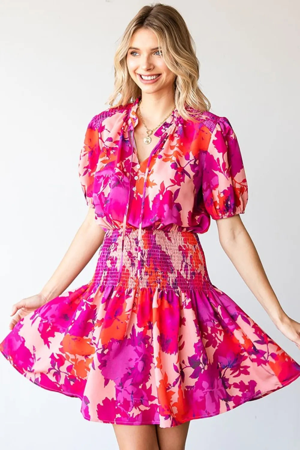 First Love Floral Short Sleeve Smocked Mini Dress - Lilixa.store