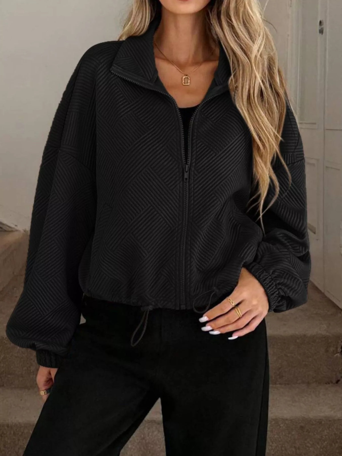 Textured Zip-Up Drawstring Hem Jacket in Black