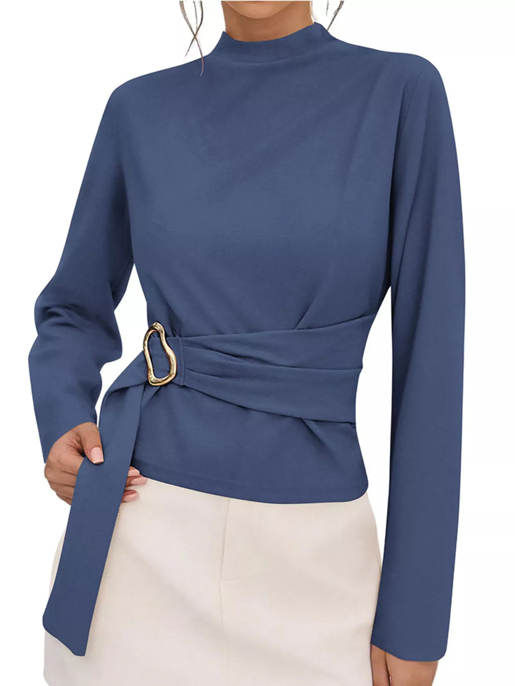 Mock Neck Blouse with Waist-Defining Metal Buckle Detail - Lilixa.store