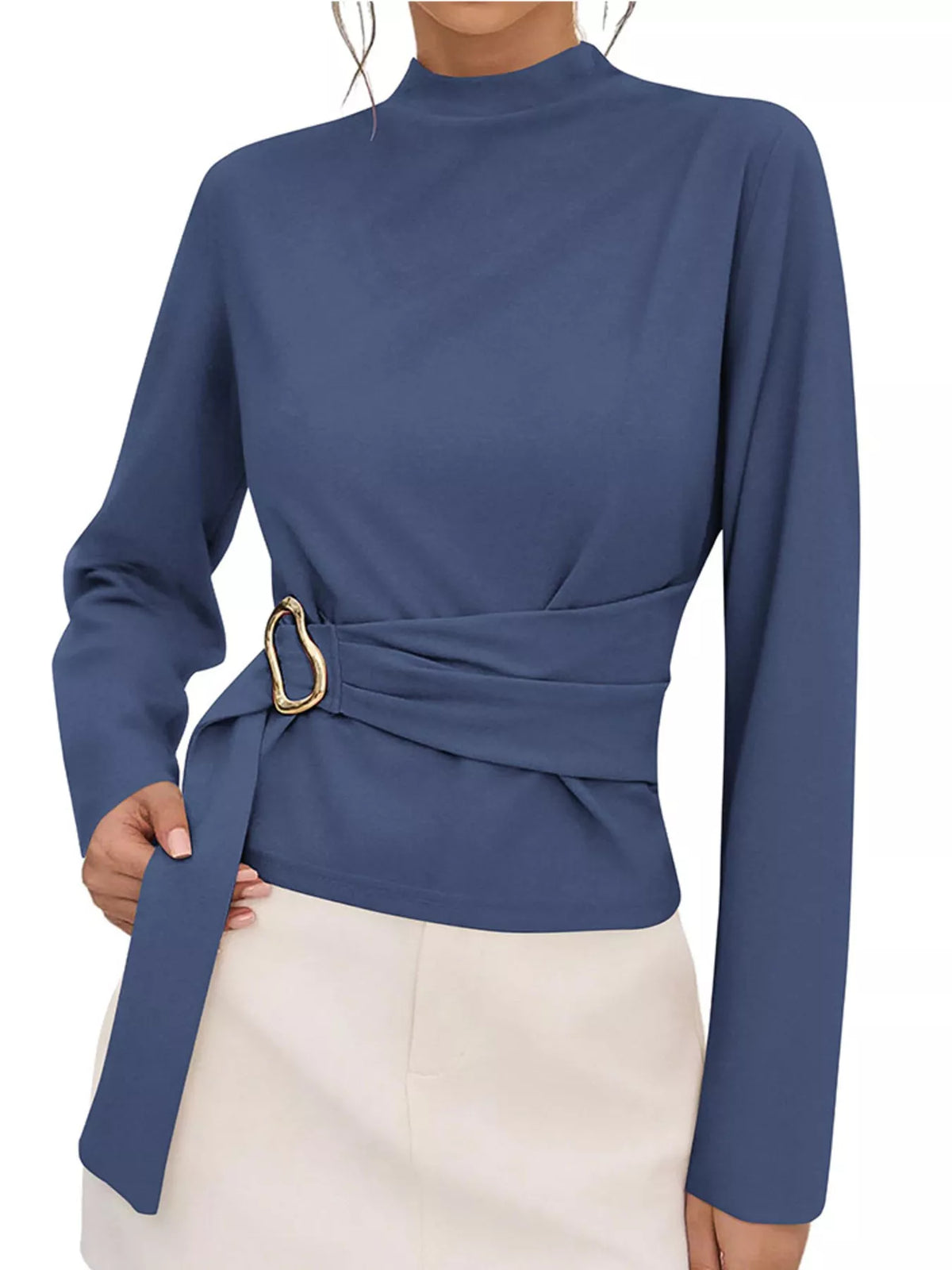 Mock Neck Blouse with Waist-Defining Metal Buckle Detail - Lilixa.store