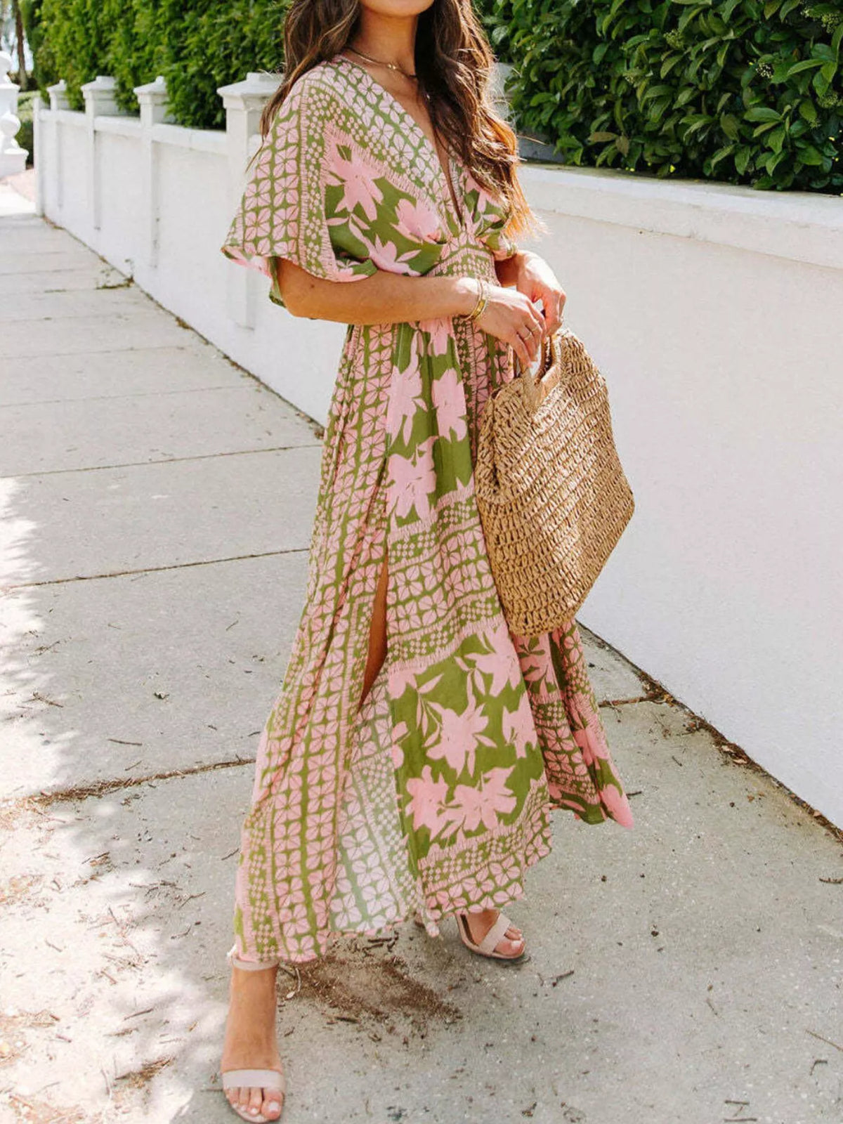 Floral Print V-Neck High Slit Maxi Dress in Blush Pink