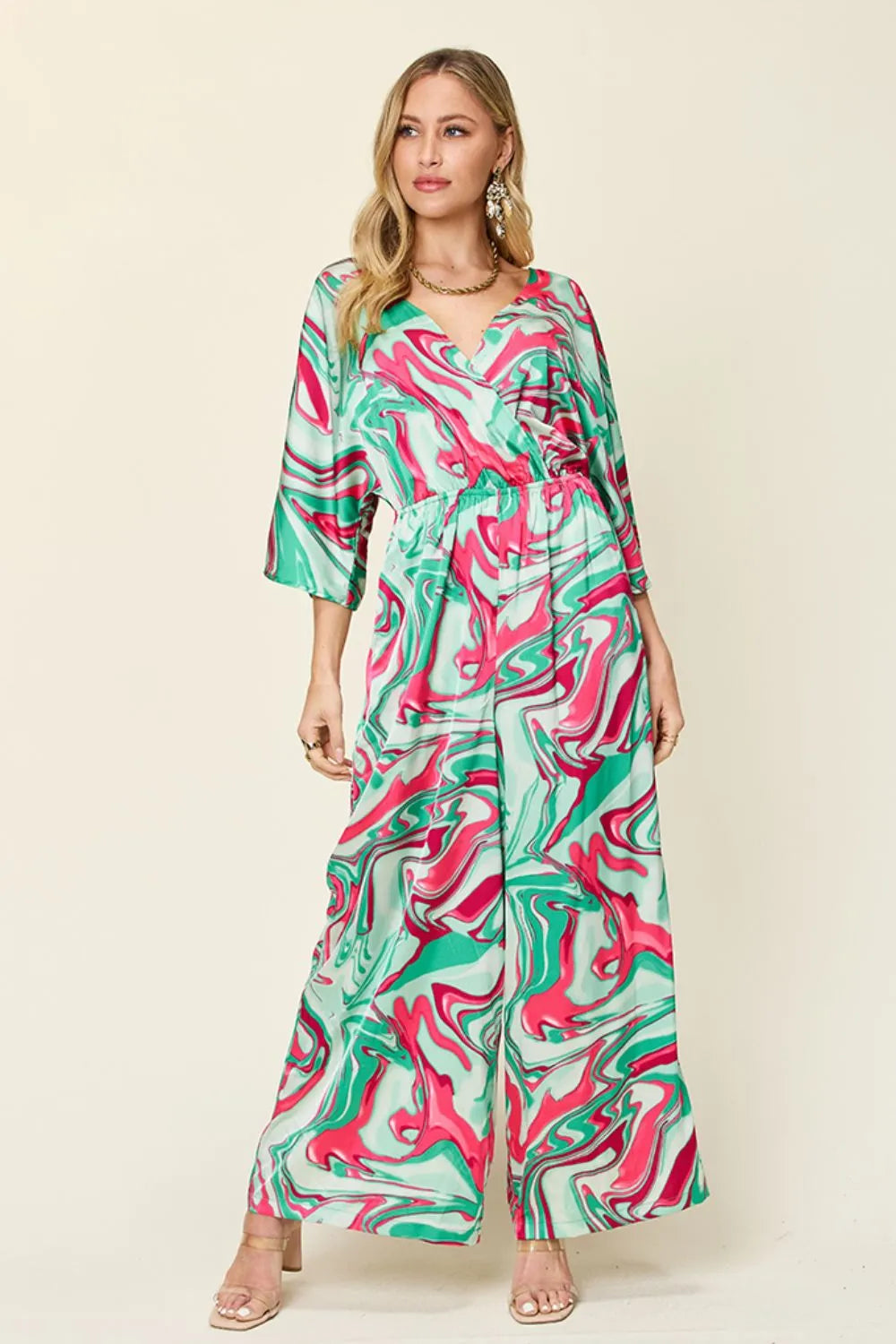 Double Take Full Size Half Sleeve Wide Leg Jumpsuit in Green, view 2
