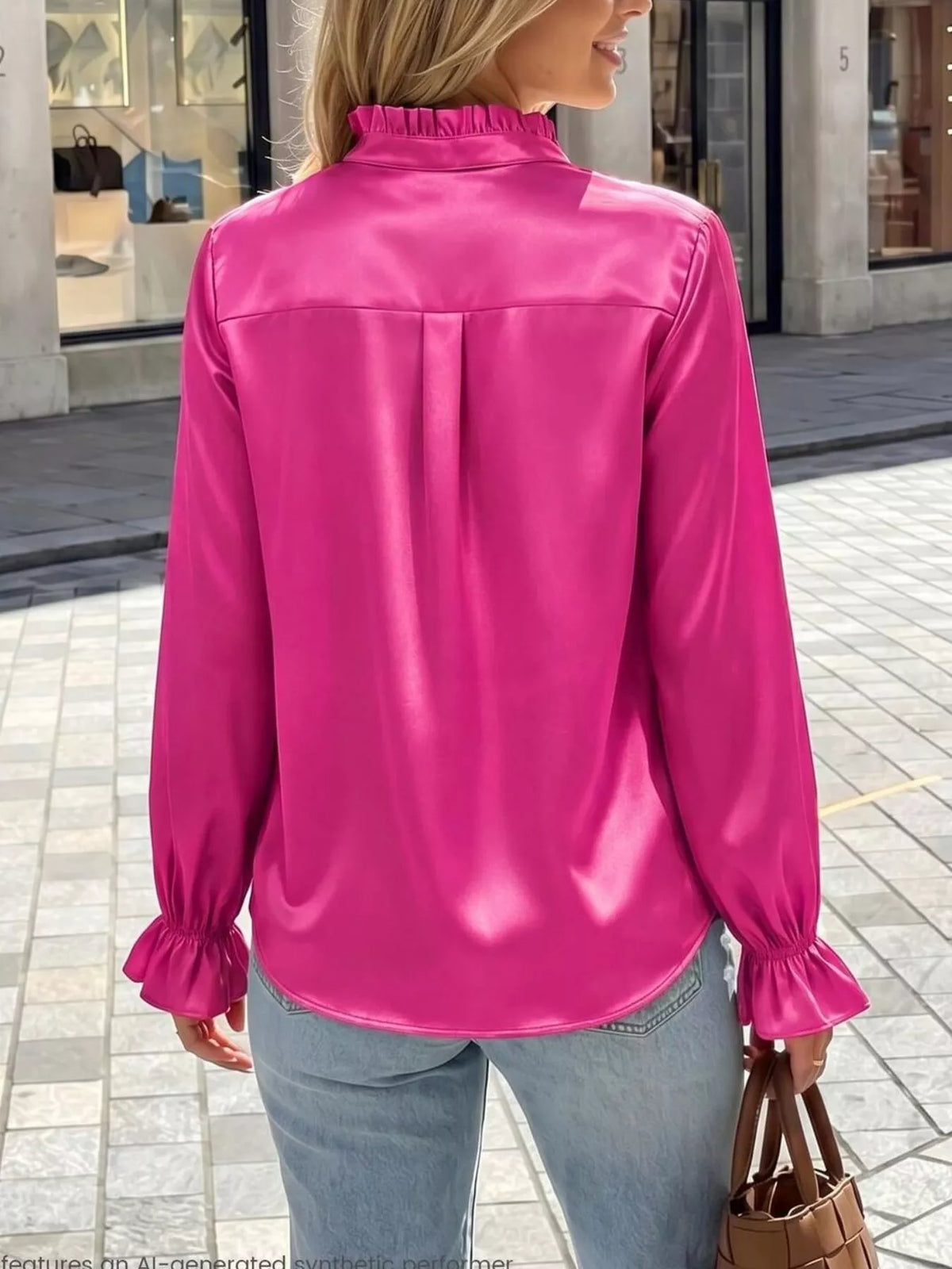 Elegant Button Down Ruffle Trim Satin Shirt, view 7