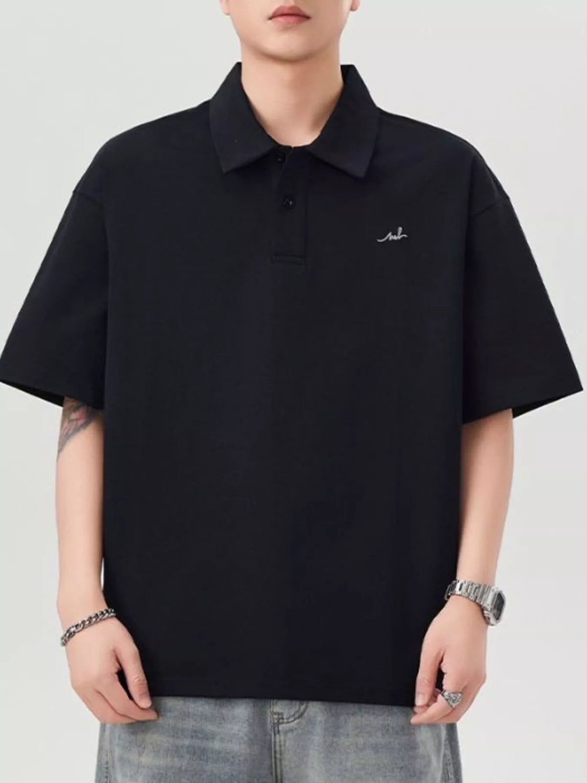 Men's Button Detail Short Sleeve Polo Plus Size in Black