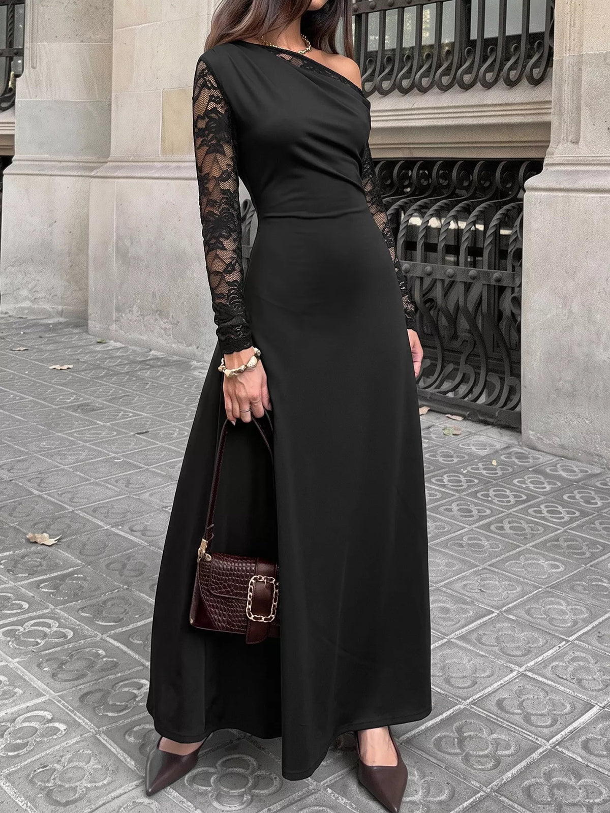 One-Shoulder Lace Sleeve Maxi Dress - Lilixa.store