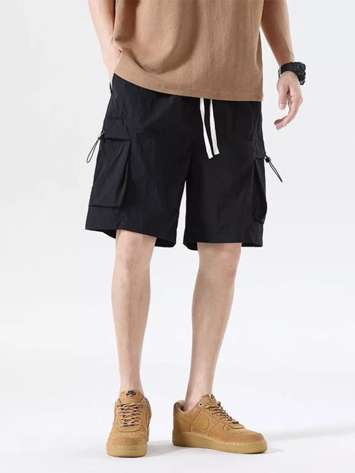 Men's Drawstring Cargo Shorts in Black