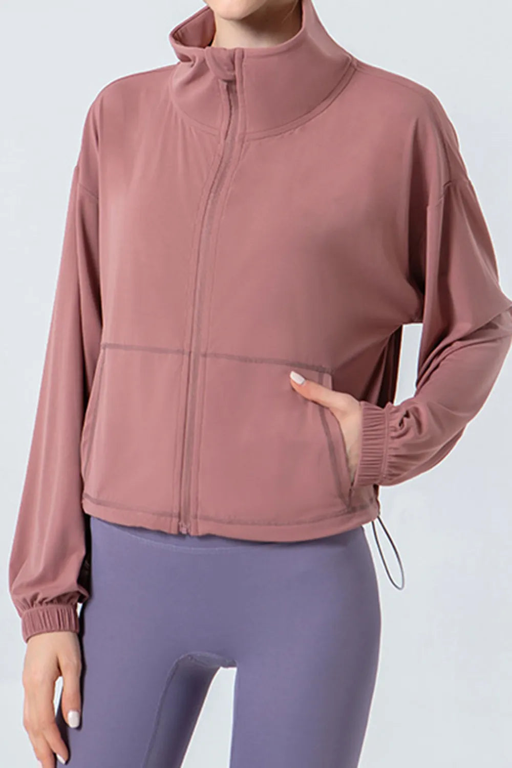 Drawstring Zip Up Dropped Shoulder Active Outerwear - Lilixa.store