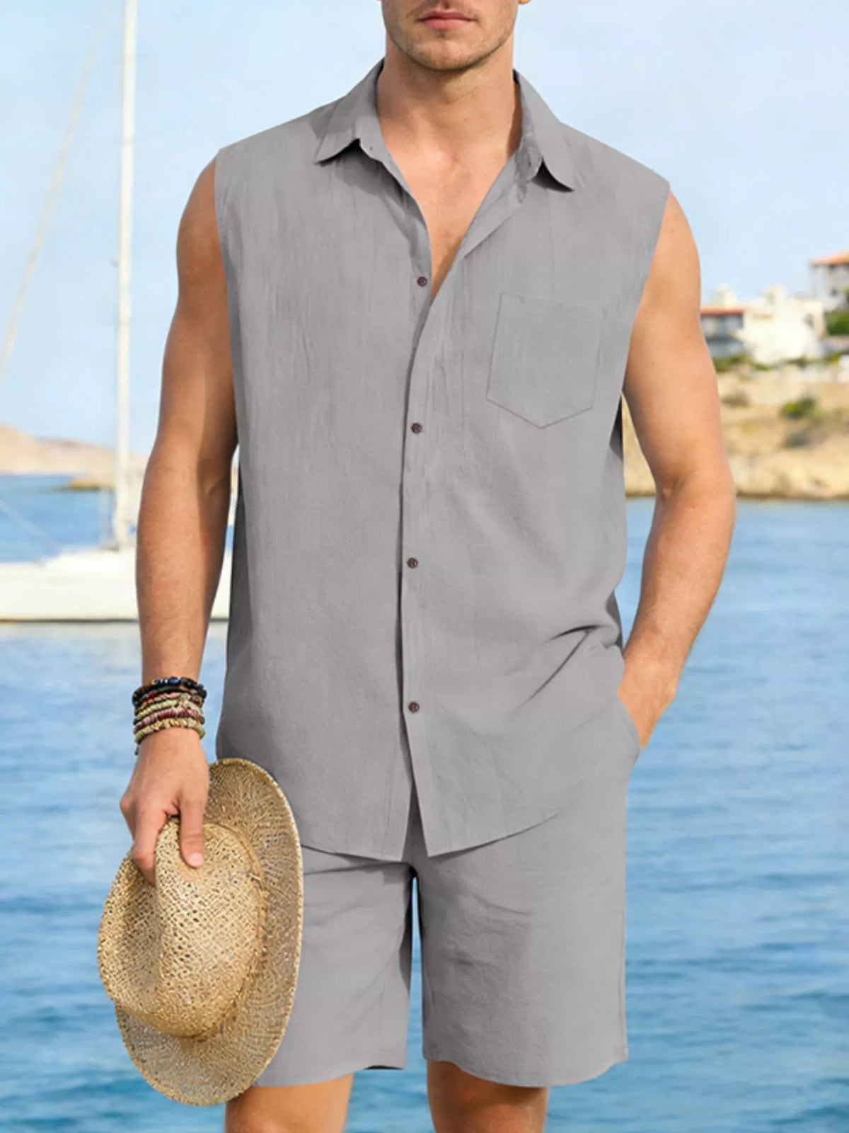 Men's Full Size Button Up Sleeveless Top and Shorts Plus Size - Lilixa.store