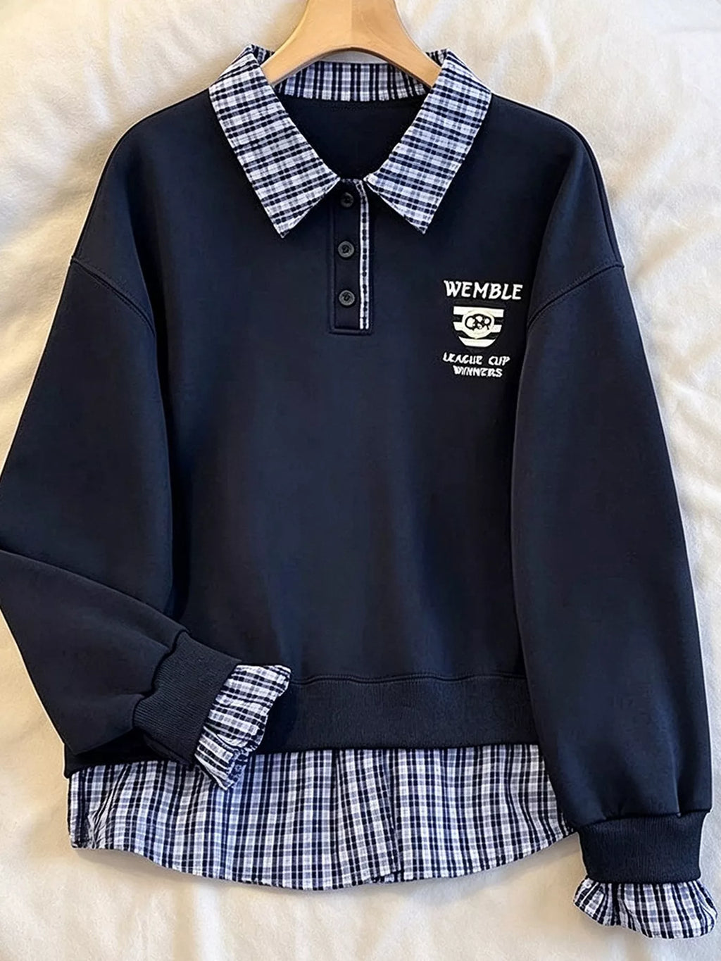 Plaid Collared Faux-Layered Hem Sweatshirt - Lilixa.store