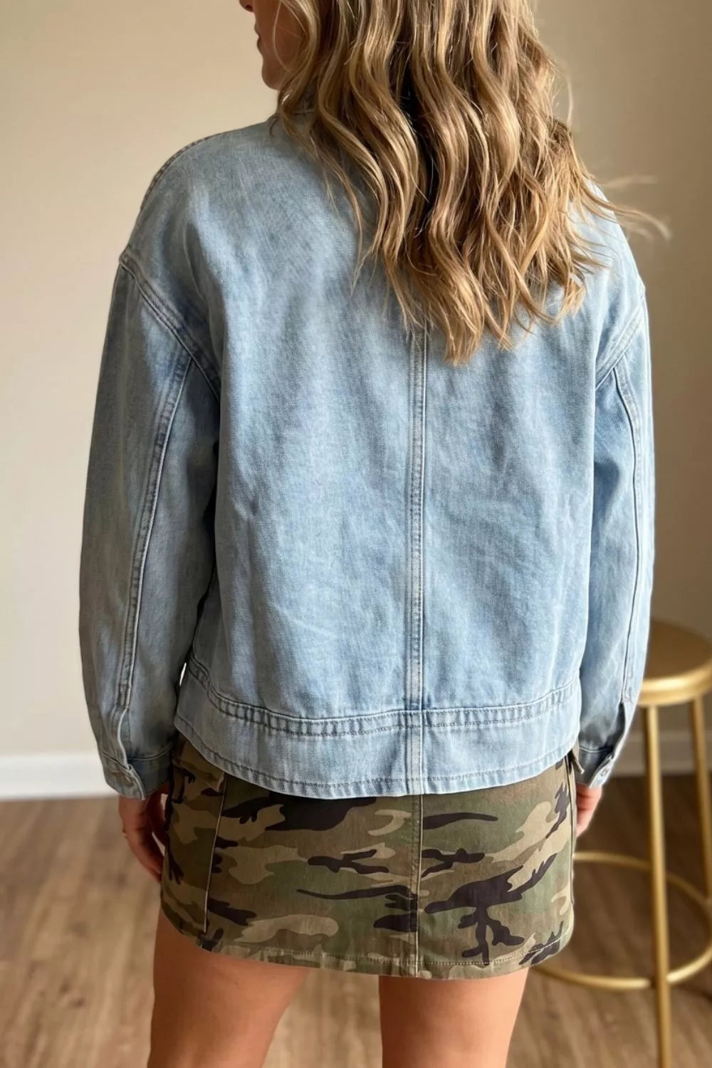 Draw-cord Hem Light Wash Denim Jacket in Light Blue, view 2