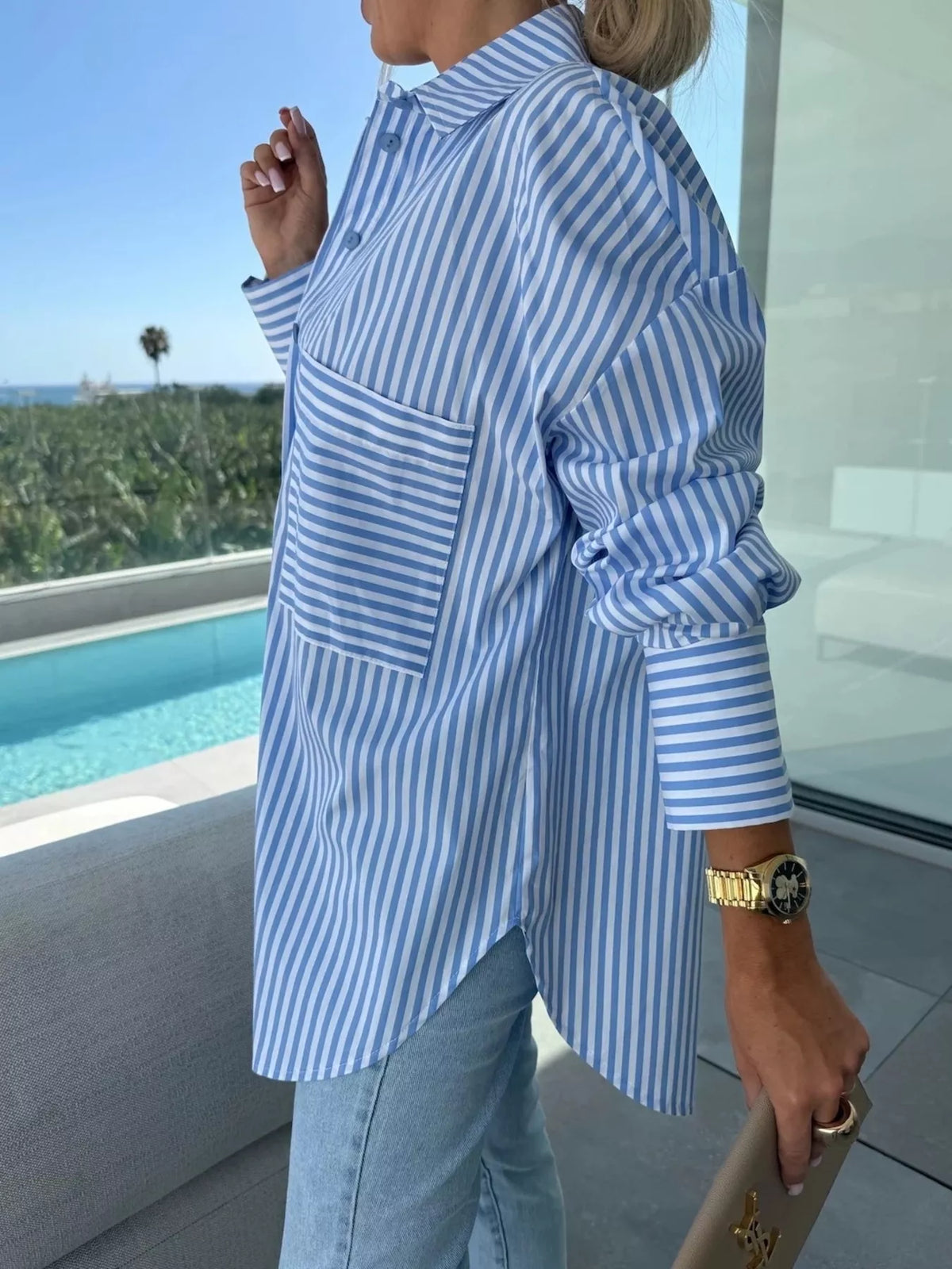 Striped Button Up Long Sleeve Shirt, view 4