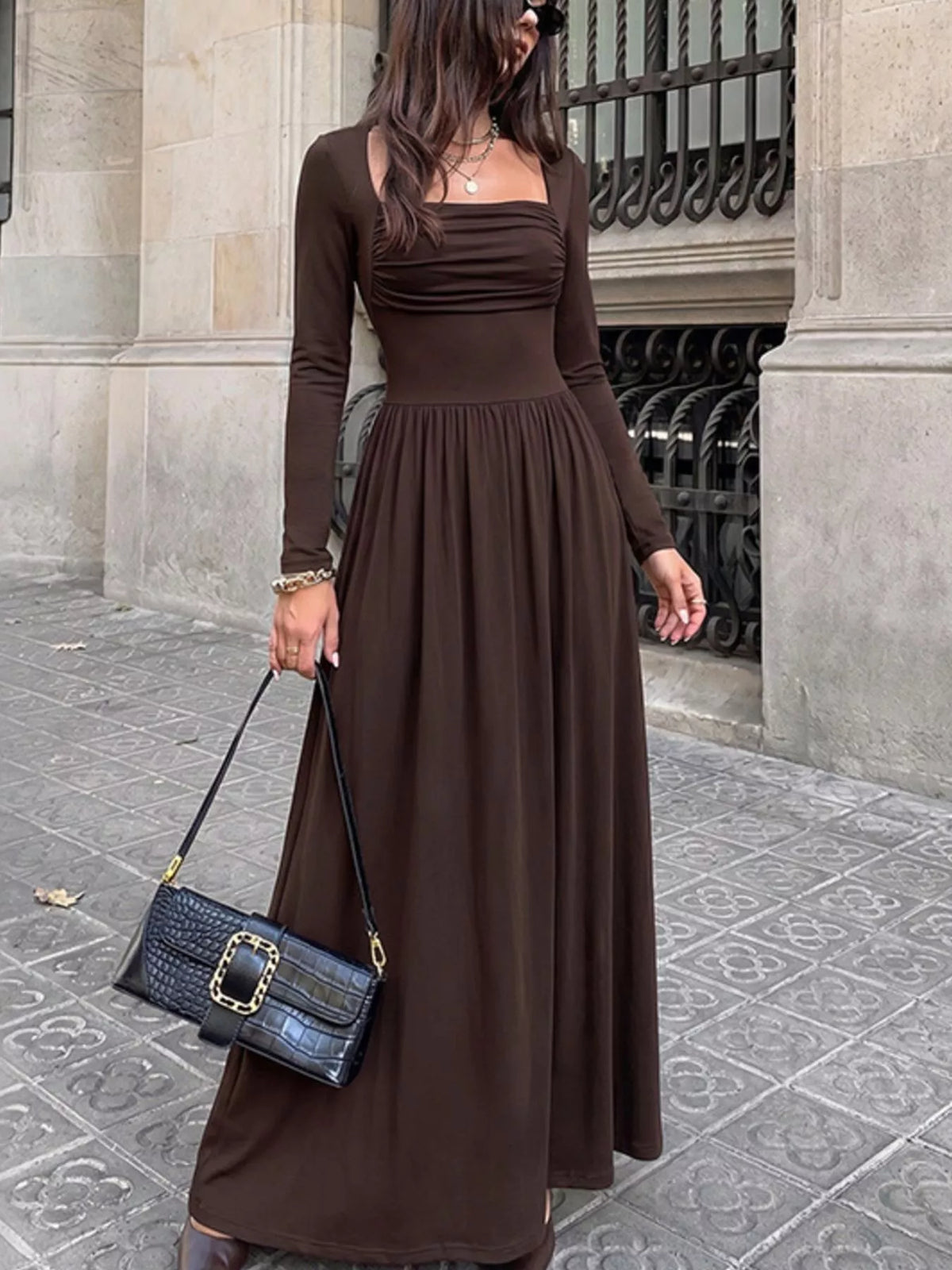 Ruched Square Neck Long Sleeve Maxi Dress