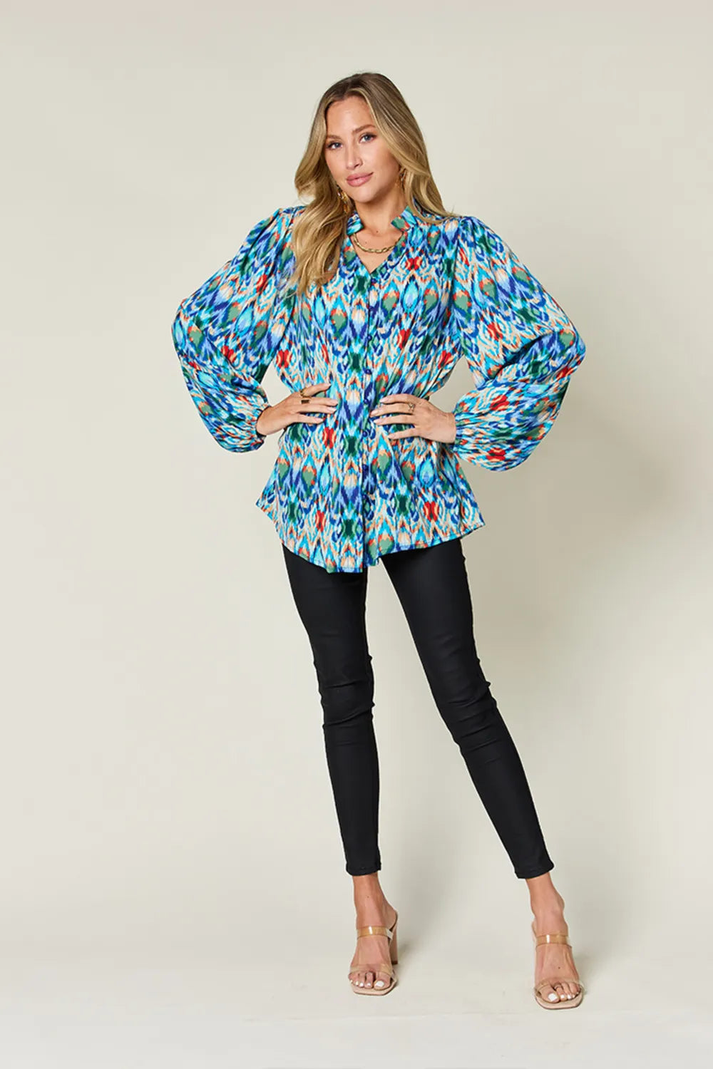 Double Take Full Size Printed Balloon Sleeve Blouse - Lilixa.store