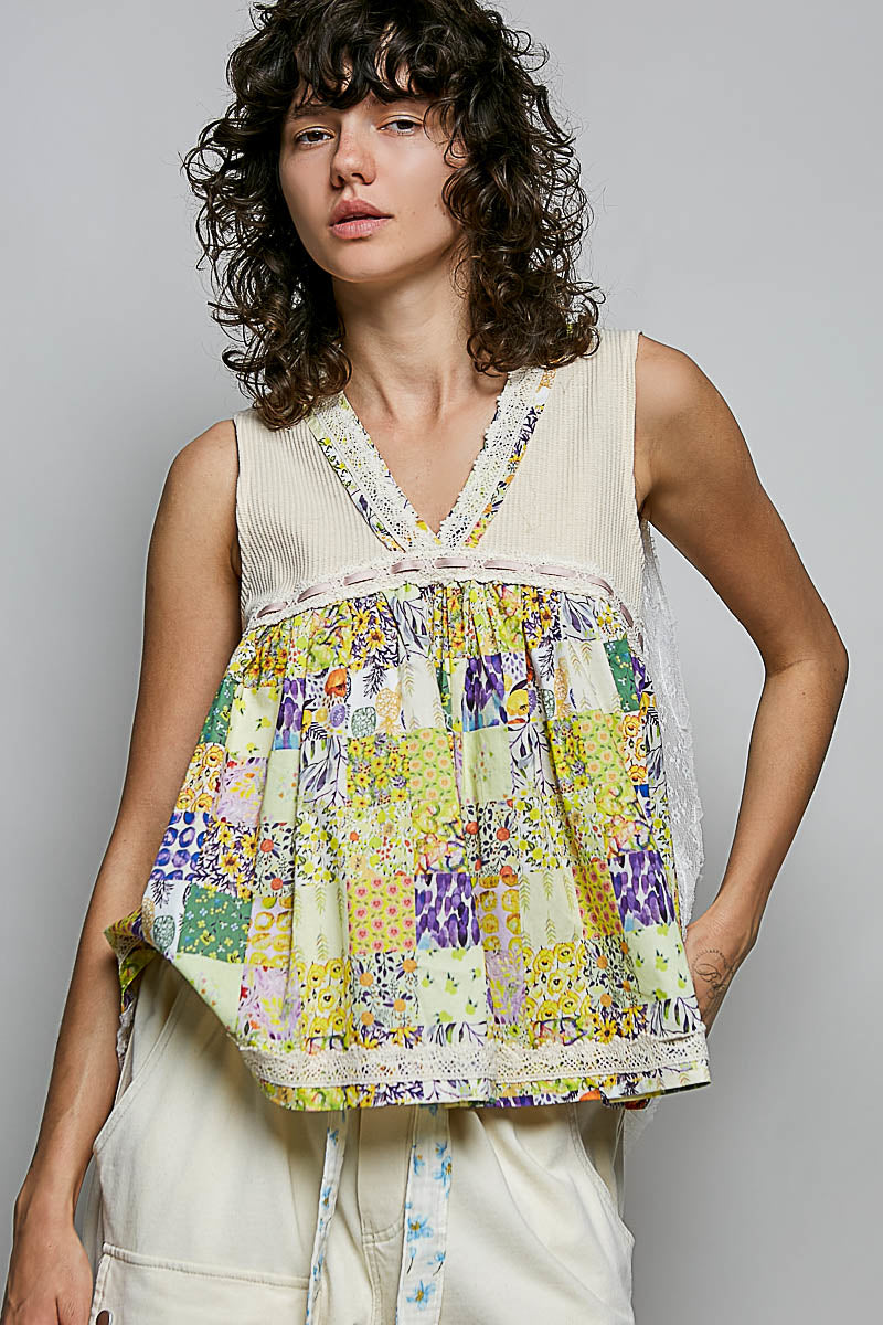 POL Floral V-Neck Sheer Tank with Lace Trim - Lilixa.store
