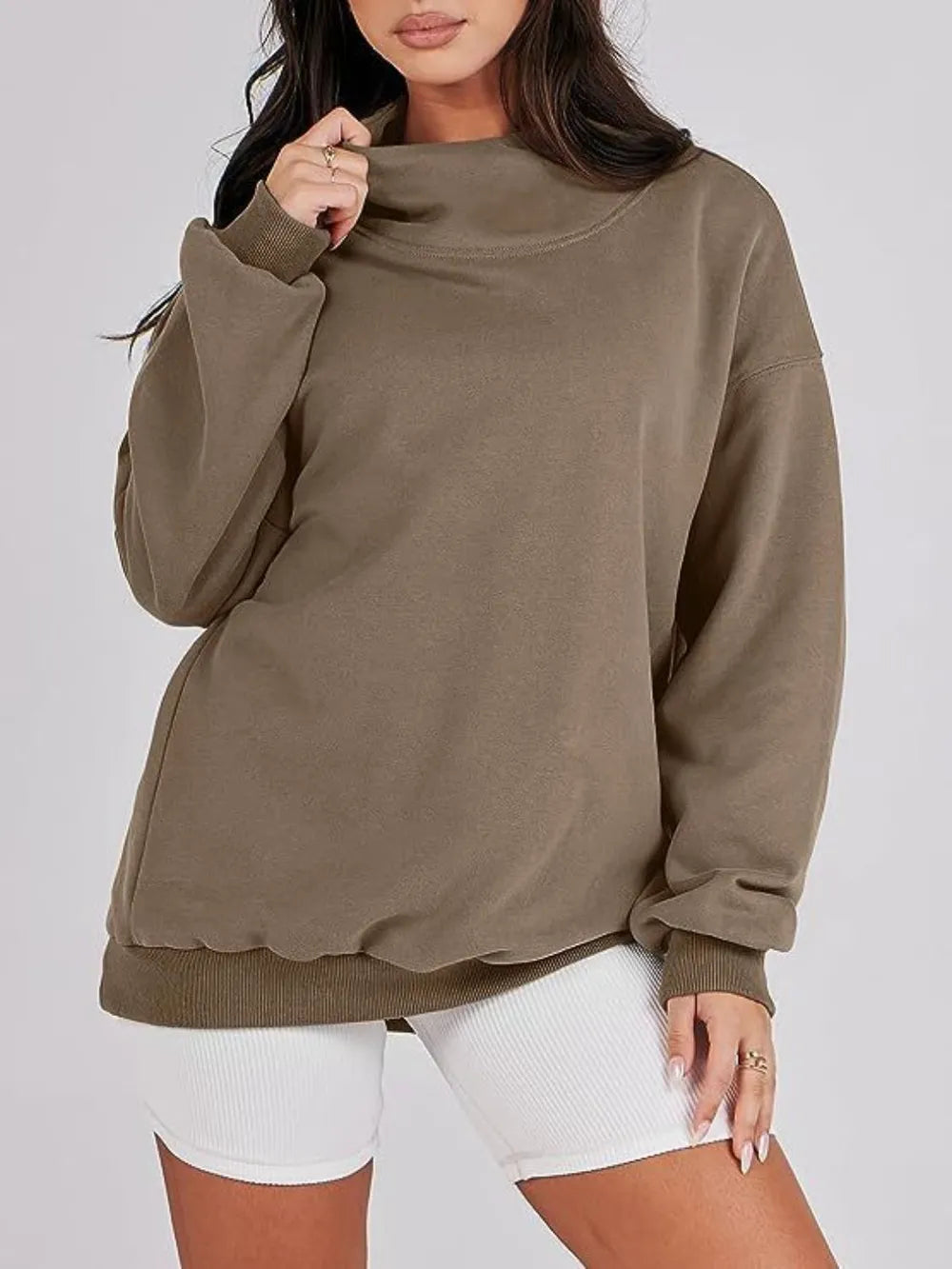 Mock Neck Drop Shoulder Long Sleeve Sweatshirt - Lilixa.store