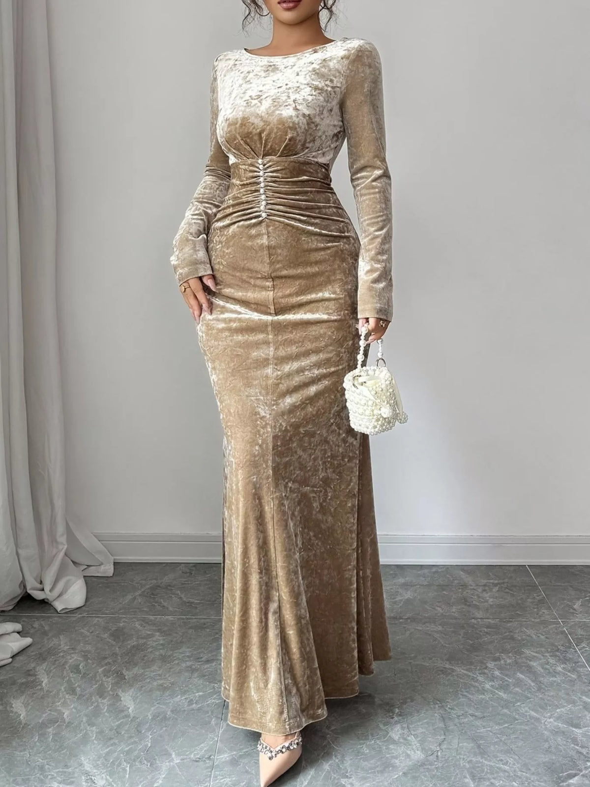 Velvet Ruched Bodycon Maxi Dress - Lilixa.store