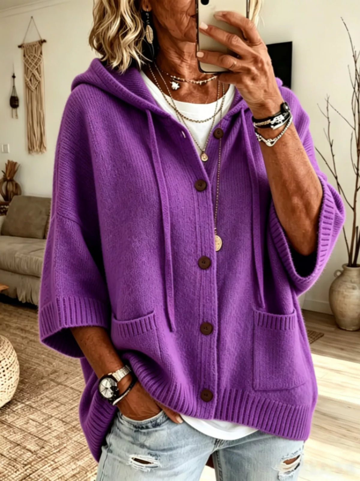 Full Size Casual Hooded Button-Down Knit Cardigan with Pockets Plus Size - Lilixa.store