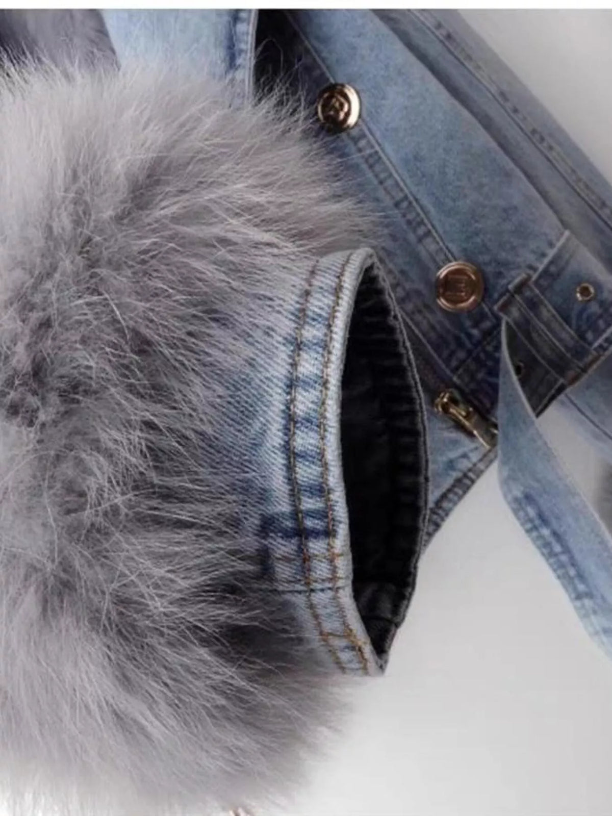 Full Size Faux Fur Collar Denim Jacket Plus Size, view 8