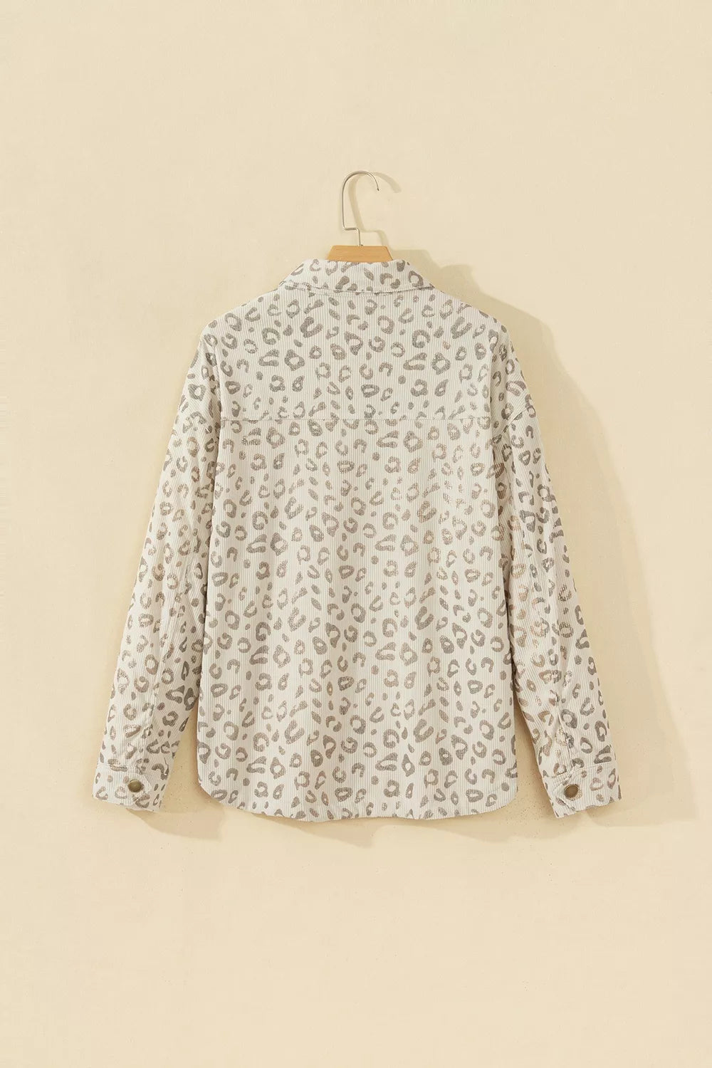 Leopard Print Corduroy Shirt Collar Long Sleeve Regular Fit Jacket in Khaki, view 8