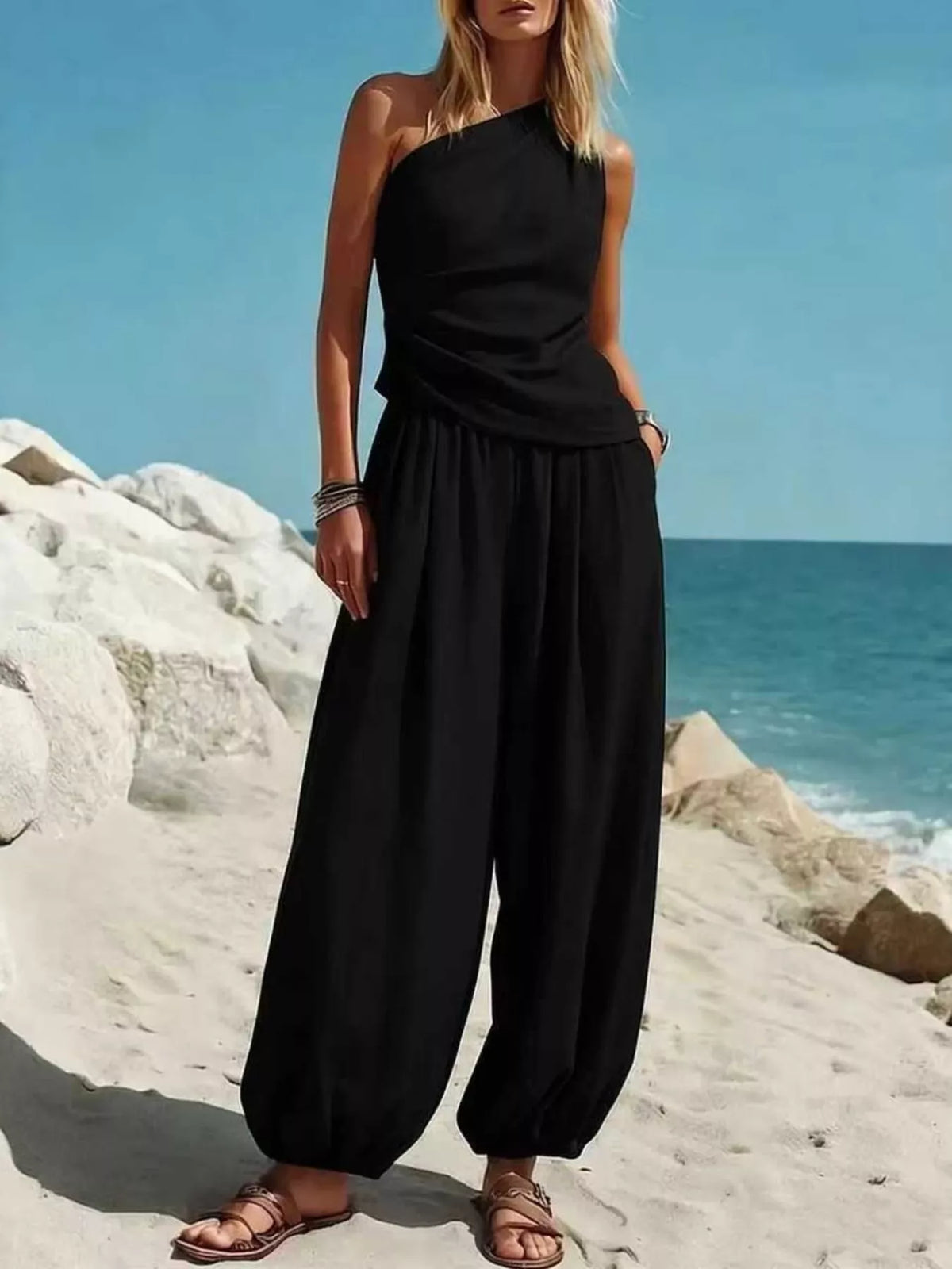 Full Size One-Shoulder Sleeveless Top and Harem Pants Set Plus Size - Lilixa.store