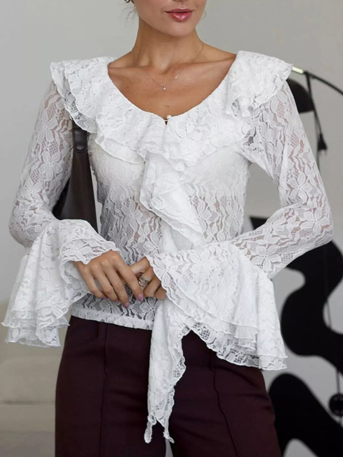 Lace V-Neck Flare Sleeve Blouse in White
