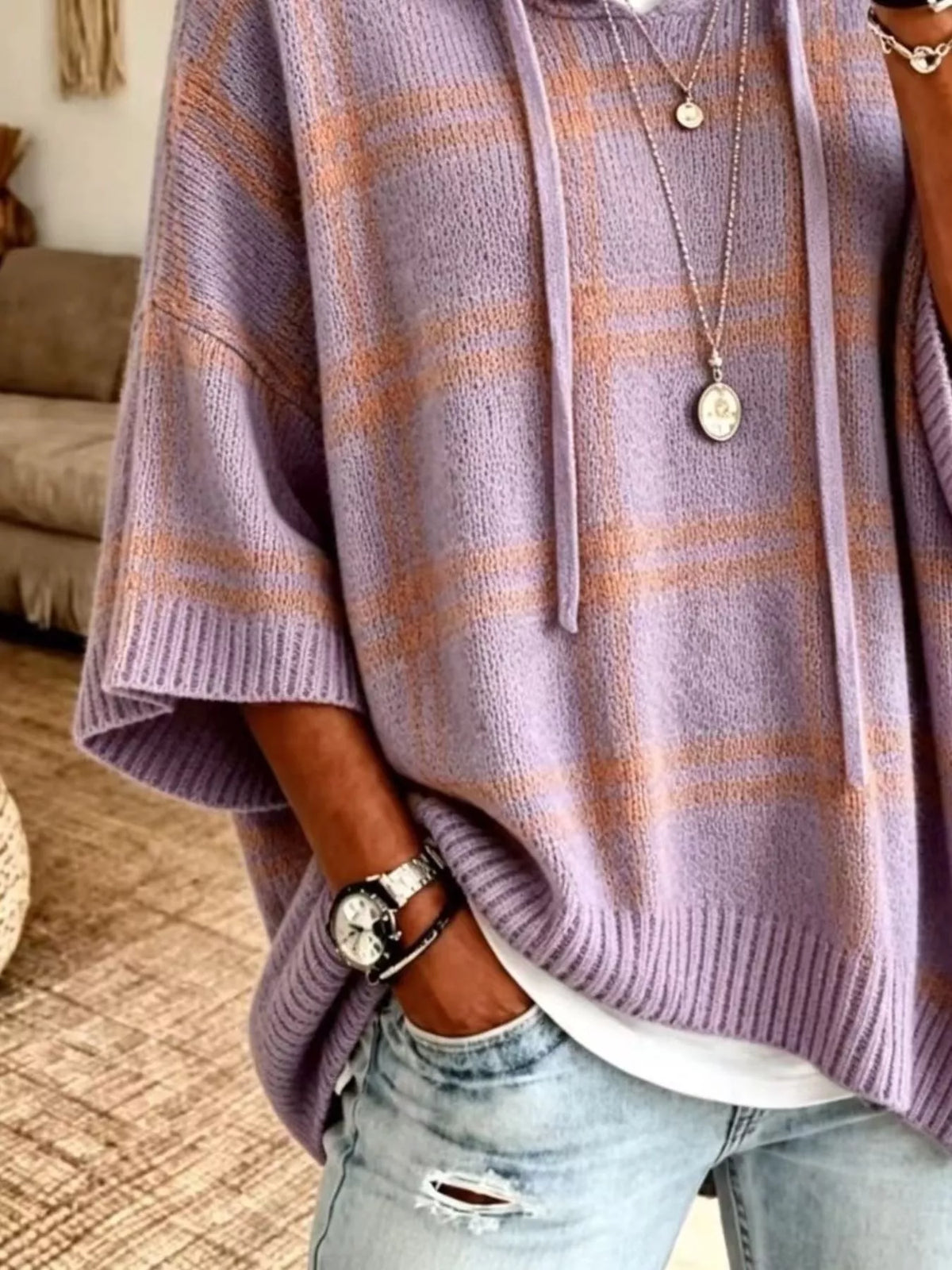 Plaid Hooded Knit Sweater, view 3