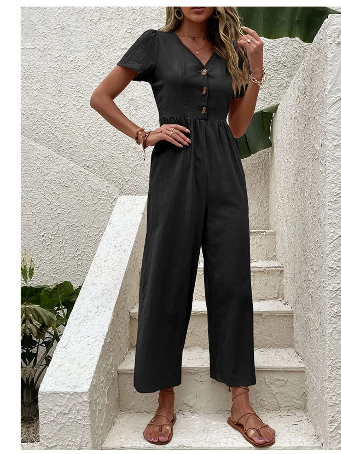V-Neck Short Sleeve Wide Leg Jumpsuit - Lilixa.store