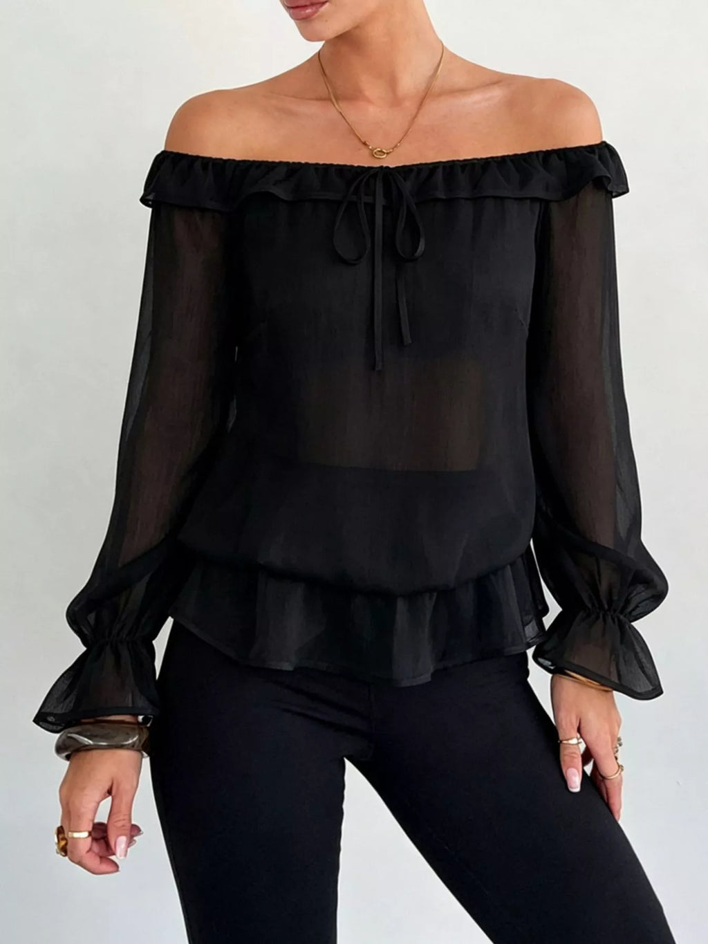Off-Shoulder Flounce Sleeve Chiffon Blouse - Lilixa.store