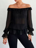 Off-Shoulder Flounce Sleeve Chiffon Blouse - Lilixa.store