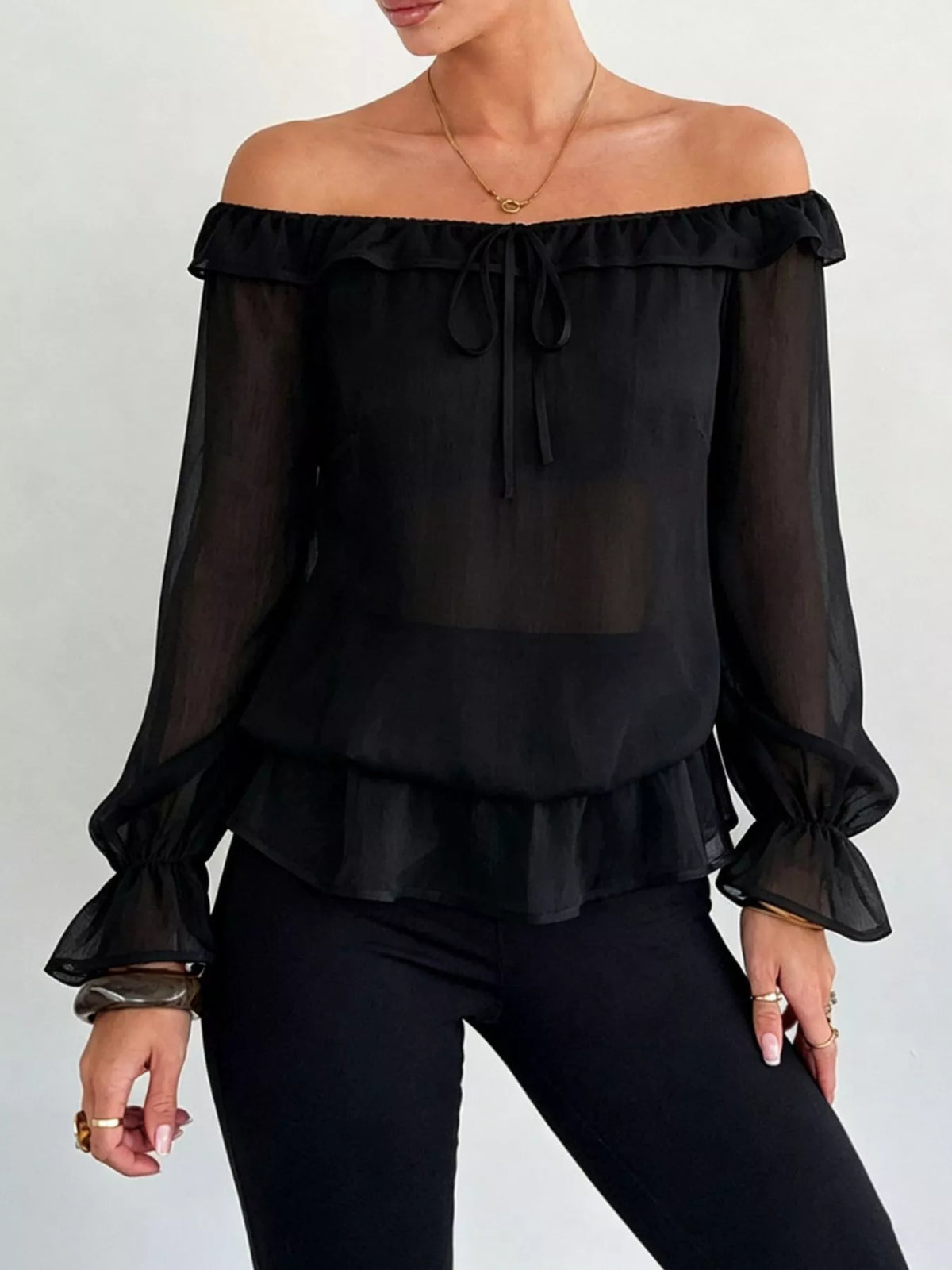 Off-Shoulder Flounce Sleeve Chiffon Blouse - Lilixa.store