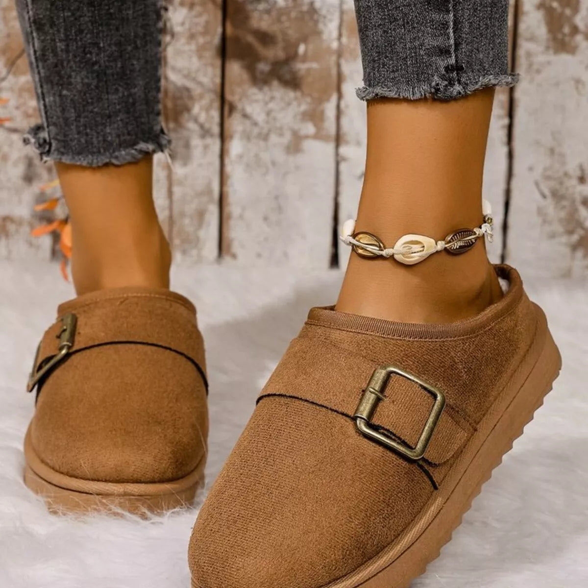 Buckle Decor Plush Lined Warm Slippers - Lilixa.store