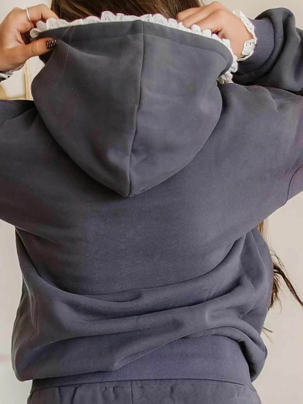 Lace Trim Kangaroo Pocket Hoodie - Lilixa.store