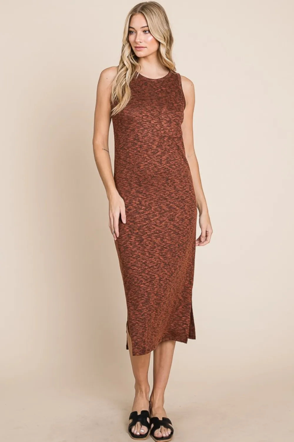 BOMBOM Slit Round Neck Sleeveless Midi Dress - Lilixa.store