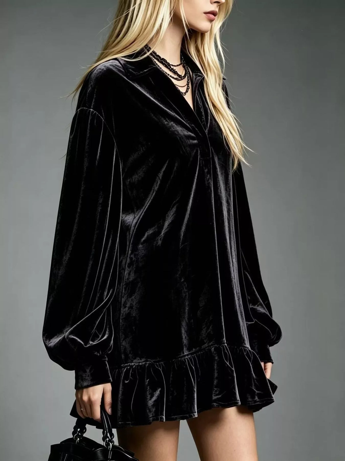 Full Size Velvet Long-Sleeve Ruffle Hem Mini Dress Plus Size - Lilixa.store