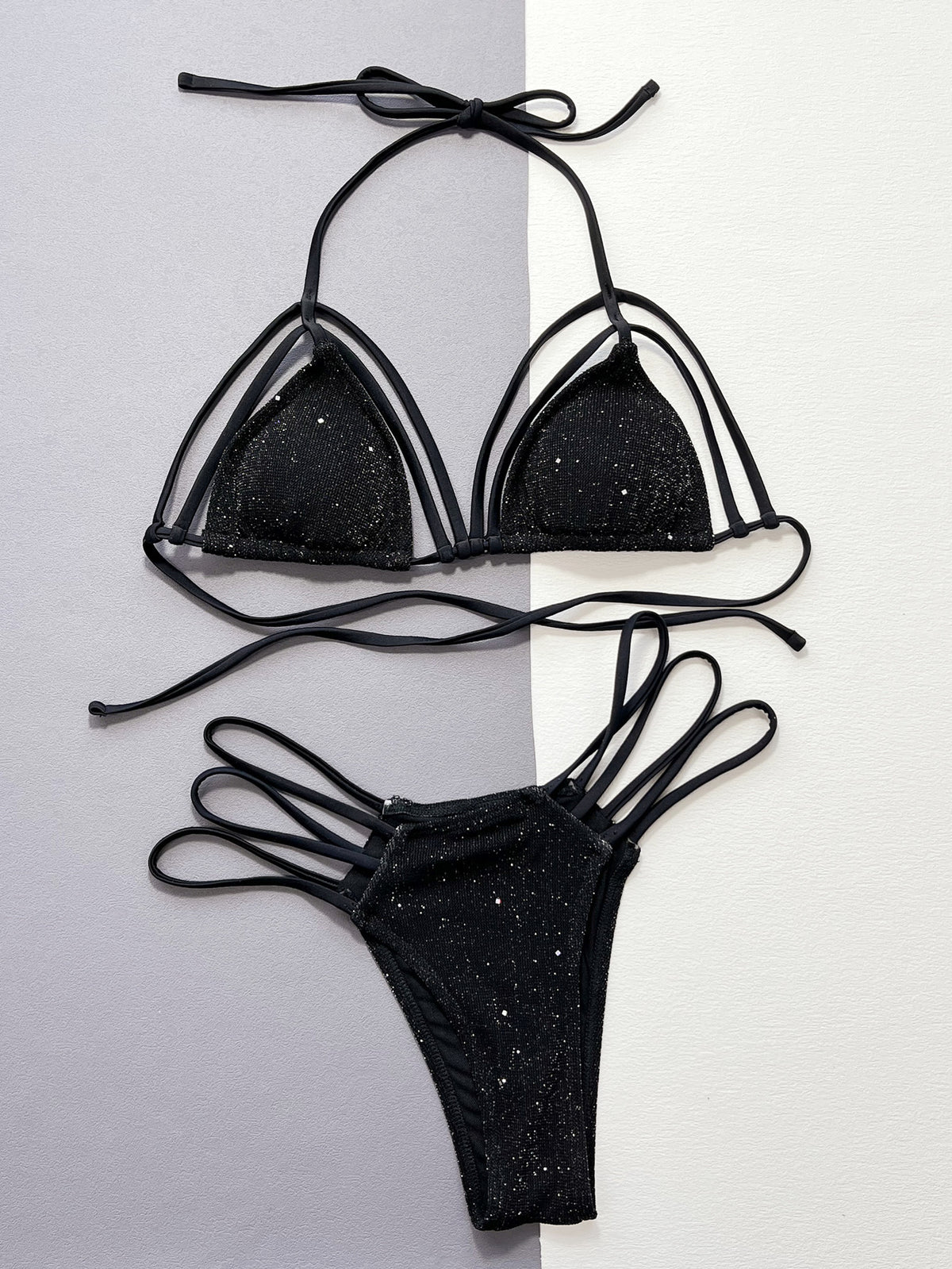 Glitter Halter Neck Strappy Two-Piece Bikini Set - Lilixa.store