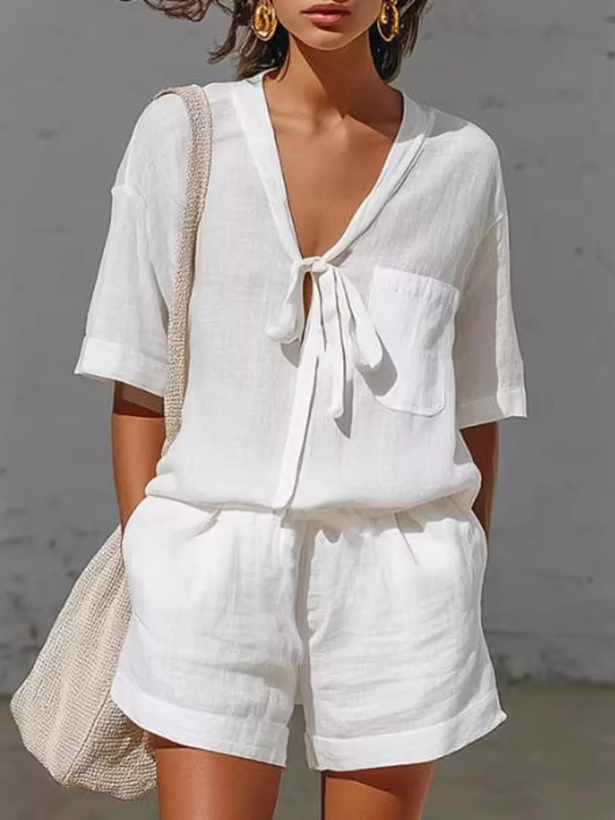 Tie-Front Half Sleeve Shirt and Shorts Set in White