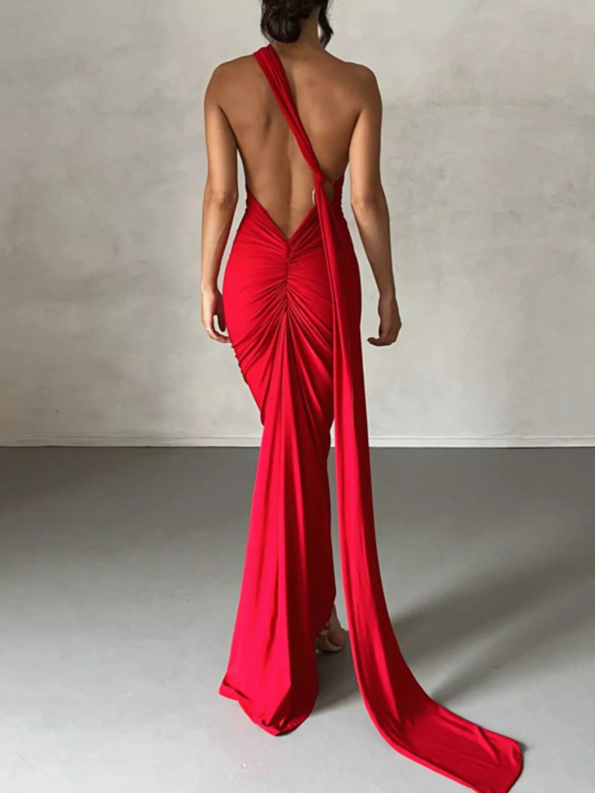 Backless One-Shoulder Ruched Bodycon Maxi Dress in Red