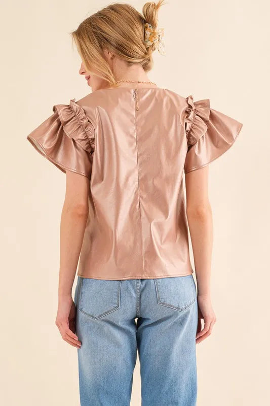And The Why Faux Leather Ruffle Sleeves V Neck Top - Lilixa.store