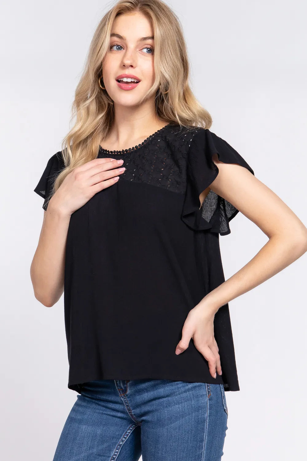 ACTIVE BASIC Ruffle Short Sleeve Crochet Blouse - Lilixa.store