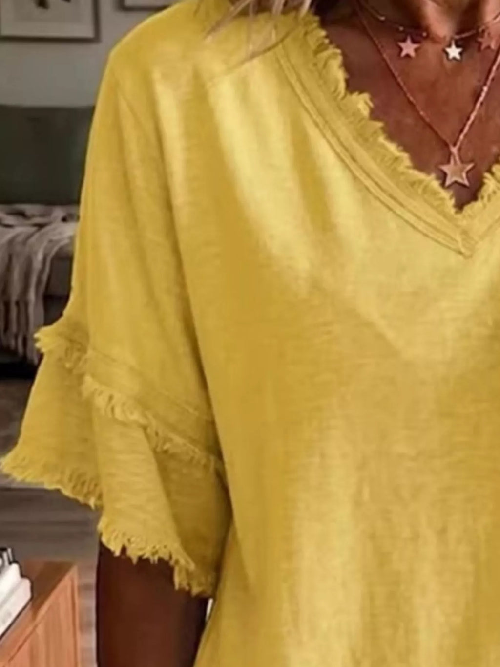 Full Size Frayed Edge V-Neck Blouse Plus Size - Lilixa.store