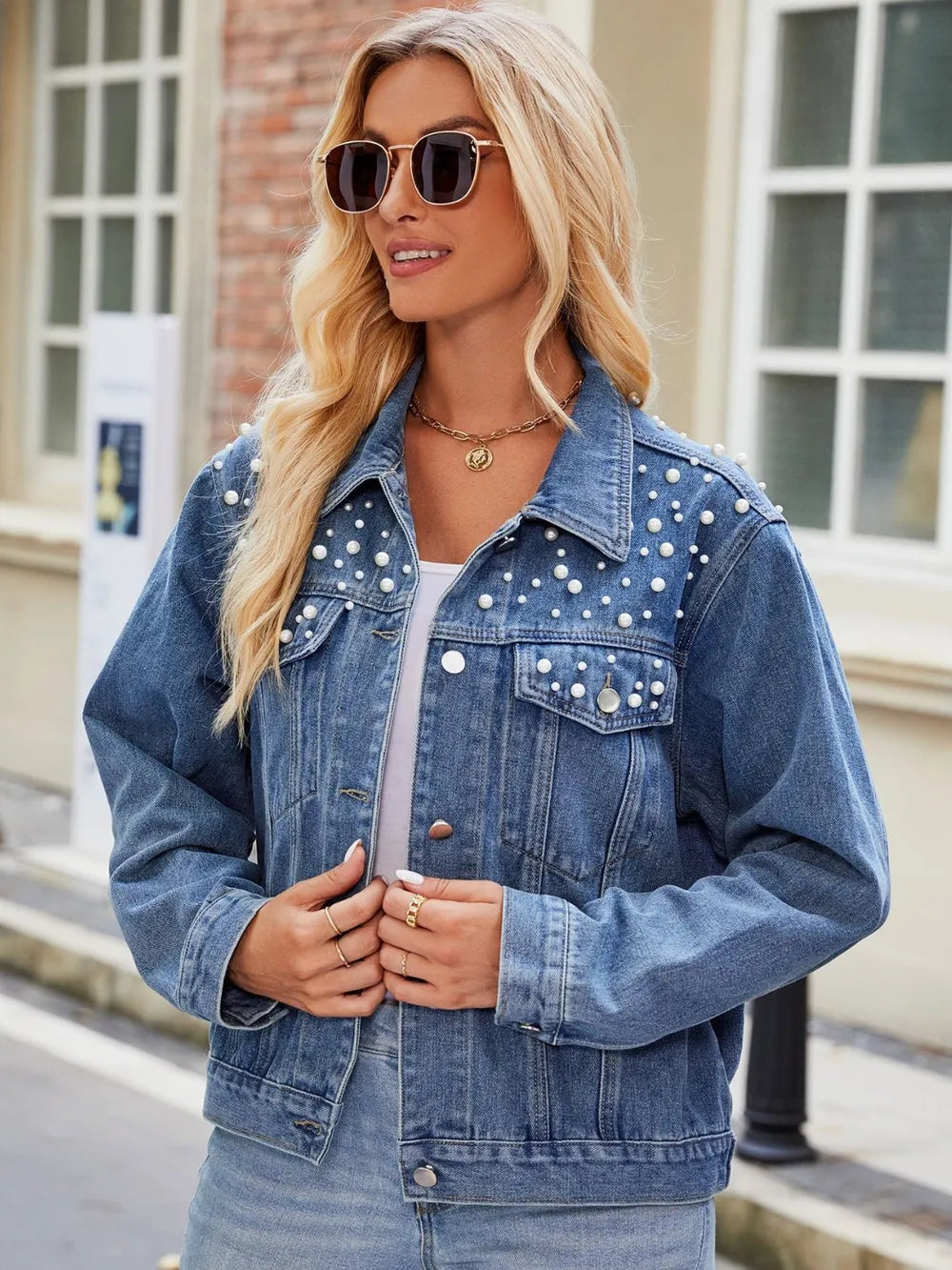 Pearl Detail Collared Neck Long Sleeve Denim Jacket in Black, view 6