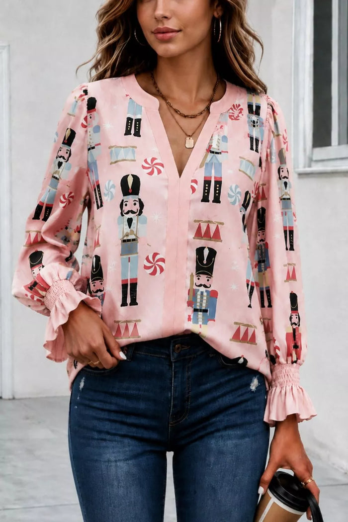 Nutcracker Print Notched Flounce Sleeve Blouse in Blush Pink