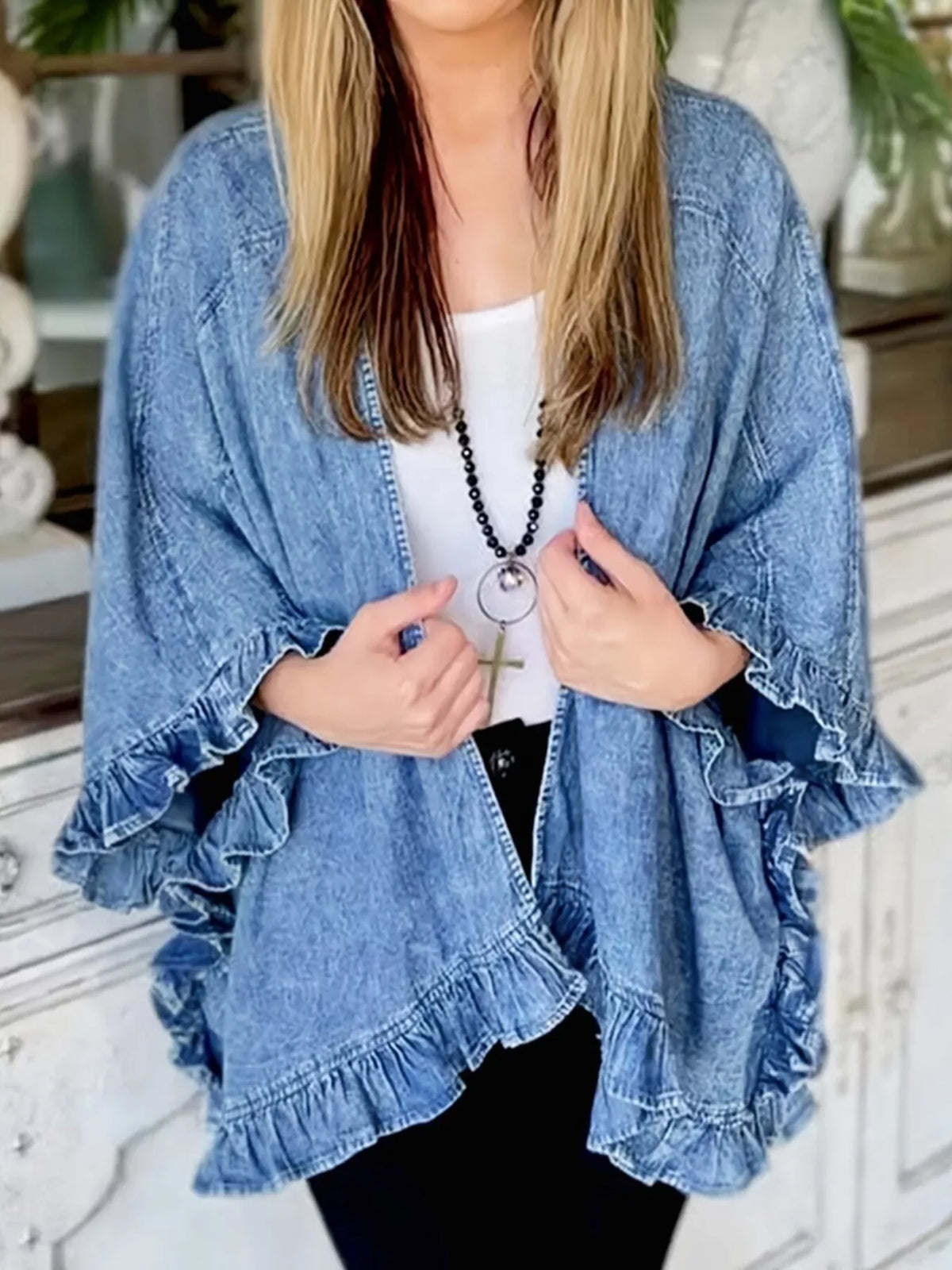 Full Size Ruffled Edge Open Front Denim Jacket Plus Size