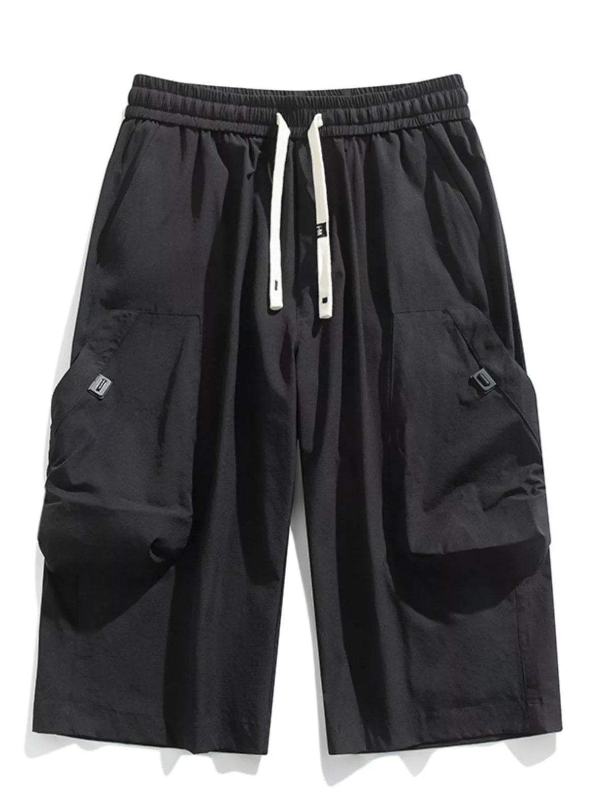 Men's Plus Size Casual Cargo Capris with Drawstring Waist in Black
