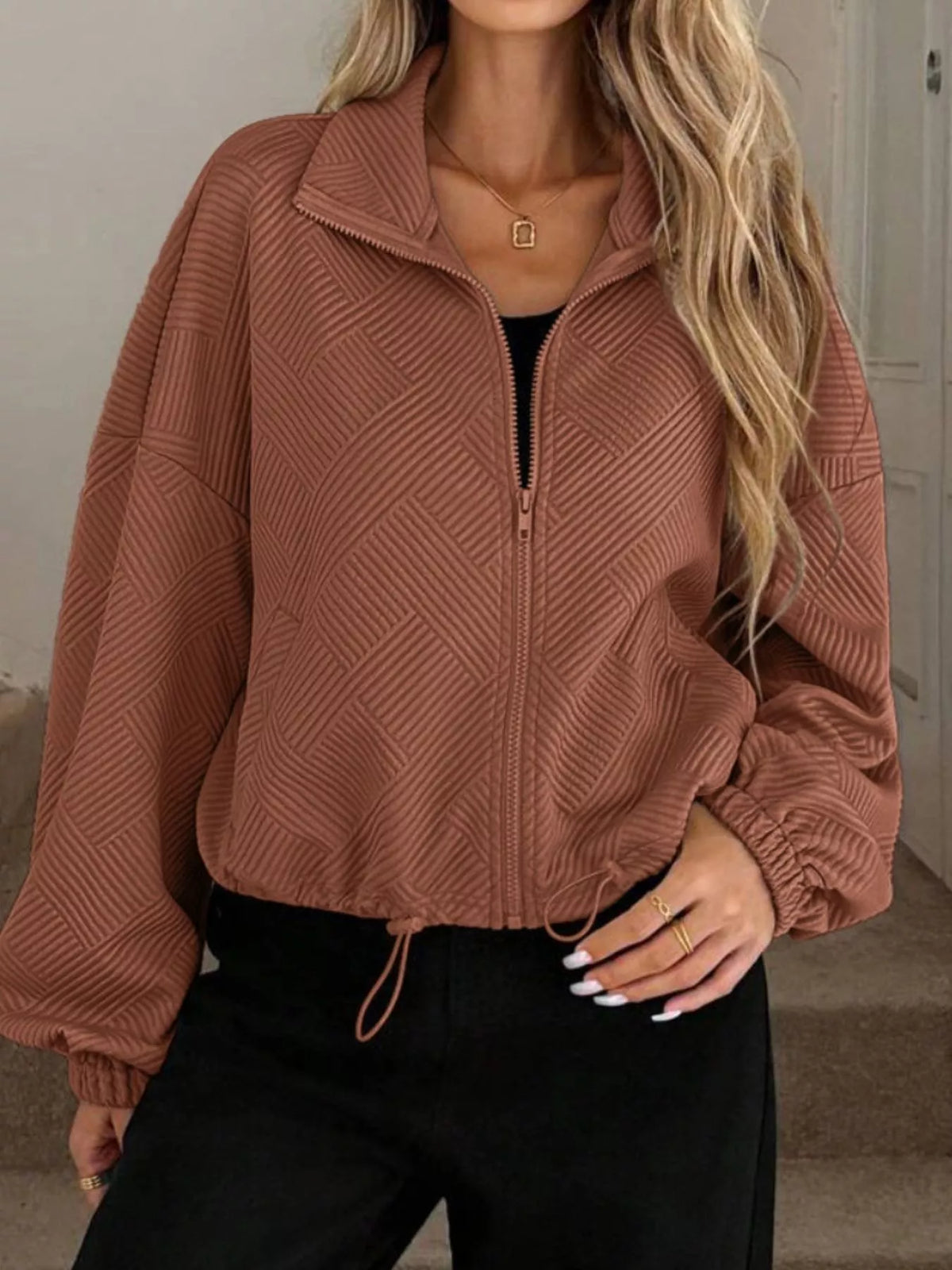 Textured Zip-Up Drawstring Hem Jacket in Burgundy