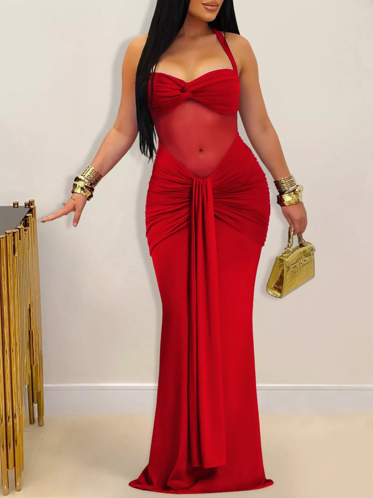 Twisted Front Ruched Bodycon Maxi Dress - Lilixa.store